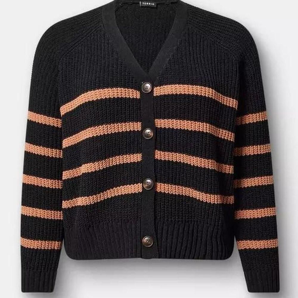Torrid Chenille V-Neck Cardigan in Black and Toffee Stripes Plus Size 1X